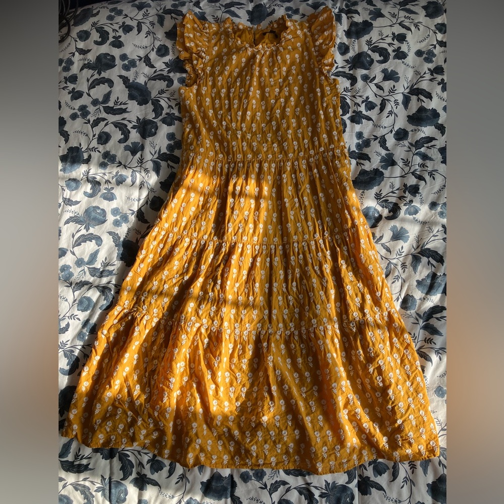 J. Crew Lined Tiered Cotton Sunflower Embroidered Lemon Ochre Dress - Picture 3 of 9